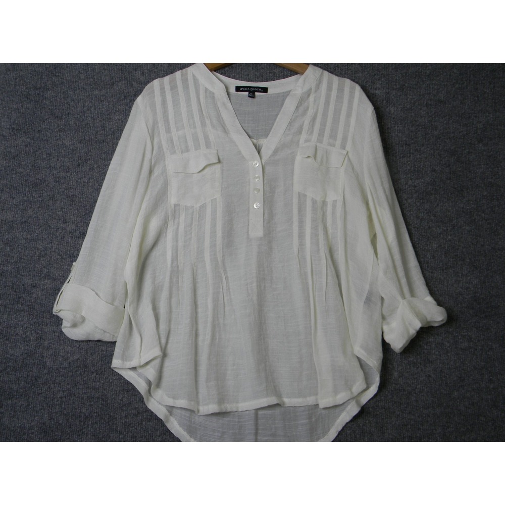 Ava & Grace Womens XL Ivory Sheer Striped Blouse Roll Tab Sleeve High Low Top